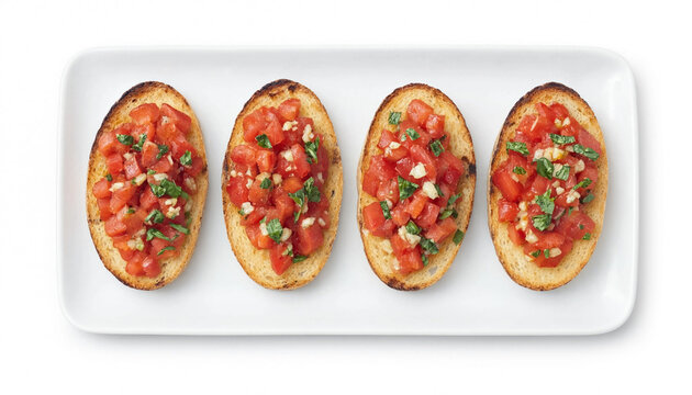 Four pieces of toasted bread topped with a mixture of diced tomatoes, garlic, and fresh basil. Perfect appetizer for gatherings or Italian cuisine lovers.
