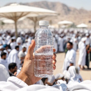 Hand holds a clear plastic water bottle above a crowd of people dressed in white at an outdoor religious gathering. Bright daylight and desert hills are visible in the background.