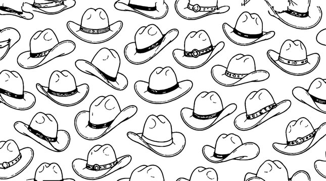 Repeating Pattern of Cowboy Hats in Black and White.