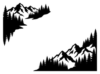 Obraz premium Mountain and Pine Forest Corner Border Silhouette Vector Illustration