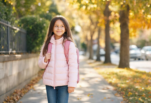 Young girl walks to school wearing a pink jacket and backpack on a tree-lined autumn sidewalk. She looks happy and prepared for the school day with fall foliage around her.