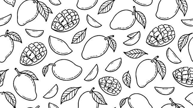 Detailed black and white mango and pineapple illustration pattern.