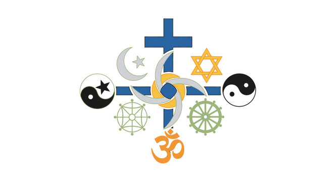 Diverse religious symbols illustration depicting global spiritual unity, interfaith harmony, and peace. A concept of various faiths coexisting.