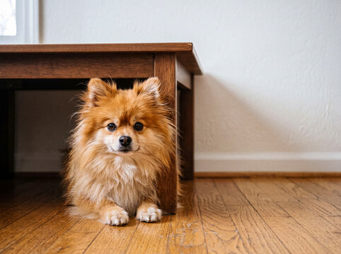Sweet and fluffy Pomeranian dog sitting calmly under a rustic wooden table on a light hardwood floor indoors.