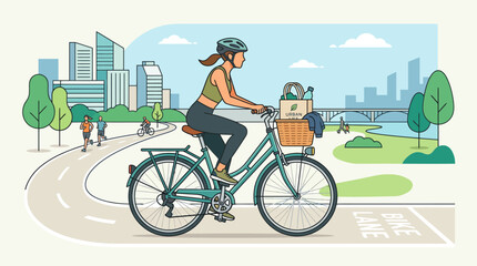 Fototapeta premium Bicycle Rider in Urban Bike Lane with City Skyline and Park Scenery Illustration