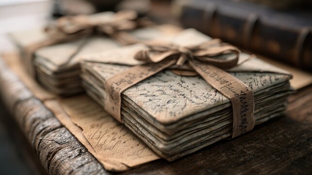 Bundles of Aged Letters: Delicate stacks of old letters, tied with twine and ribbon, rest on a wooden surface, evoking a sense of nostalgia and historical intrigue.