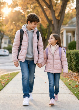 Brother and sister walk hand in hand to school wearing matching pink jackets and backpacks in an autumn neighborhood. They smile at each other on a tree-lined sidewalk with fallen leaves.