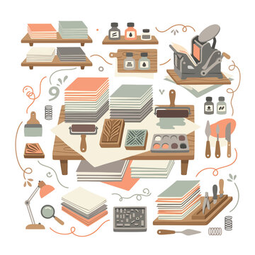 Various bookbinding tools and materials.
