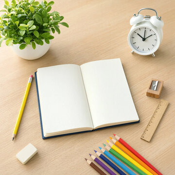 Open blank notebook lies on a wooden desk with colored pencils, pencil, ruler, sharpener, eraser, clock and potted plant. Workspace setup conveys creativity and planning.