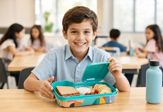 Young boy opens a lunchbox and shows sandwich, fruit, and yogurt at a classroom table. He sits with classmates in a bright school setting and smiles at the camera.