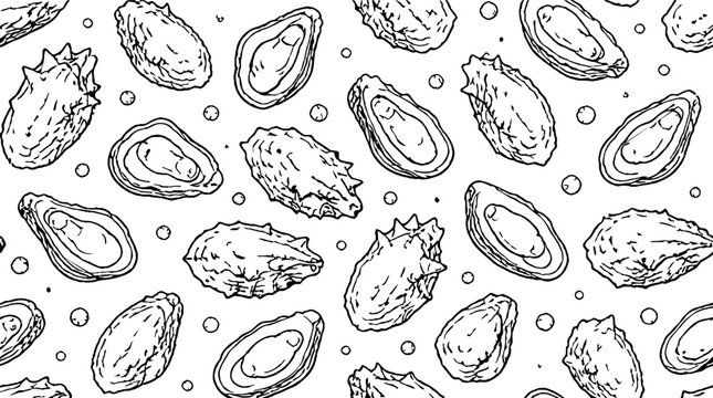 Detailed black and white oyster shell illustrations.
