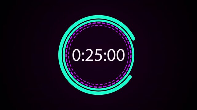 Purple teal triple dashed rings thirty second countdown timer with vibrant style fading smoothly into abstract light leaks overlay for web 4K UHD