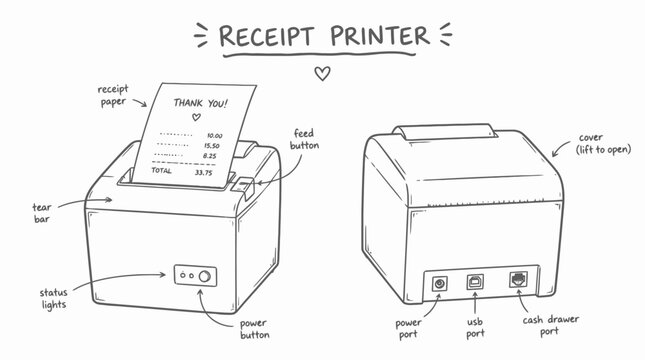 Detailed illustration of a receipt printer with labeled parts.