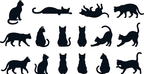 Black cat silhouettes vector illustration set with various kitty shapes sitting walking stretching and sleeping isolated on a white background © MdShakib