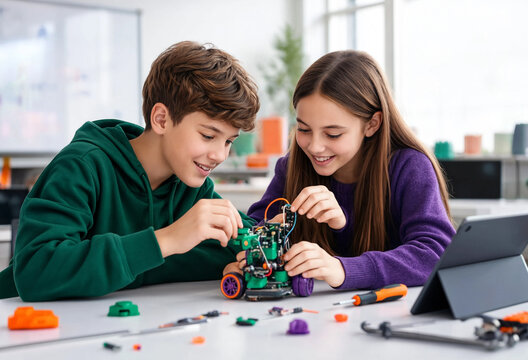 Two children collaborate building an educational robot with small parts and tools on a classroom table. They work together focused and happily with a tablet nearby.