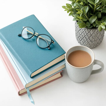 Stack of pastel notebooks with reading glasses and a cup of coffee beside a potted plant. Bright flat lay with calm cozy workspace feel and copy space for text.
