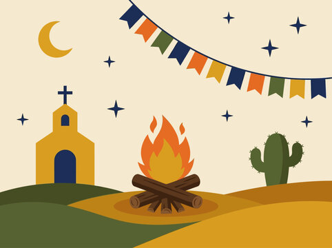 Festa Junina Celebration Vector Illustration: Brazilian June Festival with Bonfire, Church, Cactus, and Bunting Flags