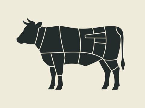 Minimalist cow silhouette butcher guide showing beef cuts on a neutral background.