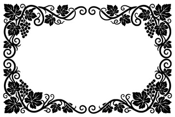 Fototapeta premium Decorative Grapevine Frame with Grapes and Leaves Silhouette Border