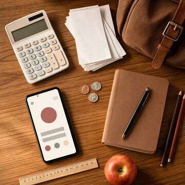 A brown notebook and smartphone lie on a wooden table alongside a calculator, coins, receipts, ruler, pencils, and an apple, suggesting budgeting or planning. Warm tones and workspace props.