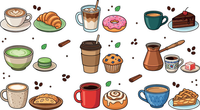 Coffee and bakery vector illustration set with cappuccino espresso latte matcha tea croissant donut muffin cake and pastry isolated on background