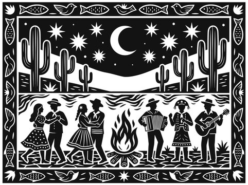 Brazilian Cordel Style Folk Festival Woodcut with Dancers and Musicians