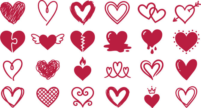 Hand drawn heart doodles vector illustration set with various red love symbols arrow broken heart wings for Valentine day greeting cards