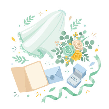 Wedding Bouquet Ring Box Envelope Illustration.