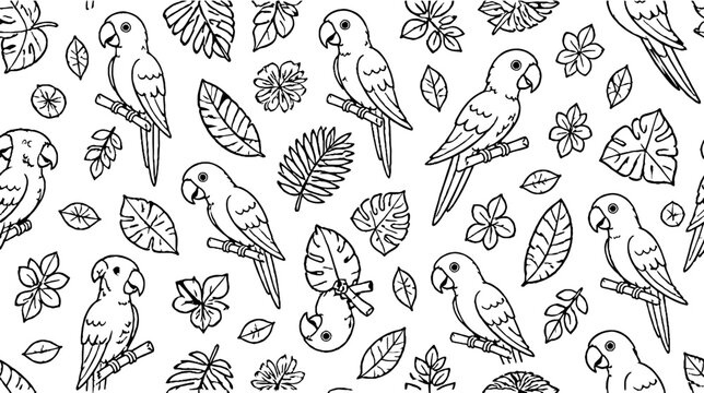 Colorful parrots and tropical leaves pattern design.