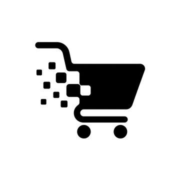 Modern e-commerce logo design with abstract shopping cart and pixel digital transformation icon, minimalist black vector branding for online retail identity