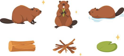 Fototapeta premium Cute Beaver Vector Set Featuring Flat Cartoon Characters Swimming Chewing Wood and Wildlife Elements Isolated on White Background