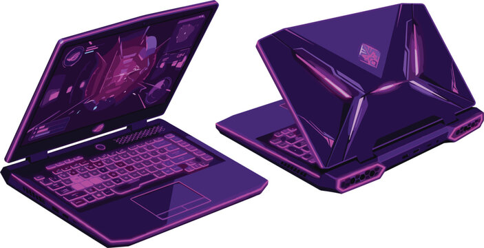 Two futuristic purple gaming laptop vectors with neon pink lightsTwo futuristic purple gaming laptop vectors with neon pink lights