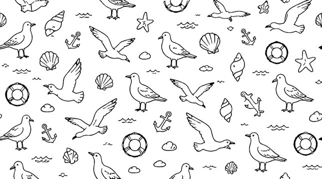 Seagulls and seashells beach illustration pattern.