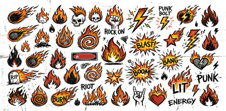 Grungy hand drawn rock roll tattoo vector element pack featuring blazing fire flash lightning strikes mohawk skulls comic sound bursts text banners isolated on white background