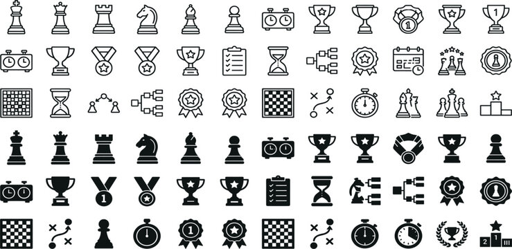 Minimalist outline and silhouette chess tournament vector icon set featuring board game pieces trophies medals timers brackets championship award symbols isolated on white background
