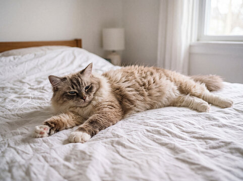 A majestic fluffy ragdoll cat with cream-colored fur and striking blue eyes lies serenely on a soft white bed in.