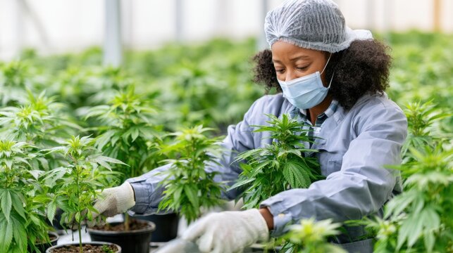 Protected worker tending marijuana plants in controlled greenhouse. Cannabis growing, cultivation management, quality control and sustainable farming concept