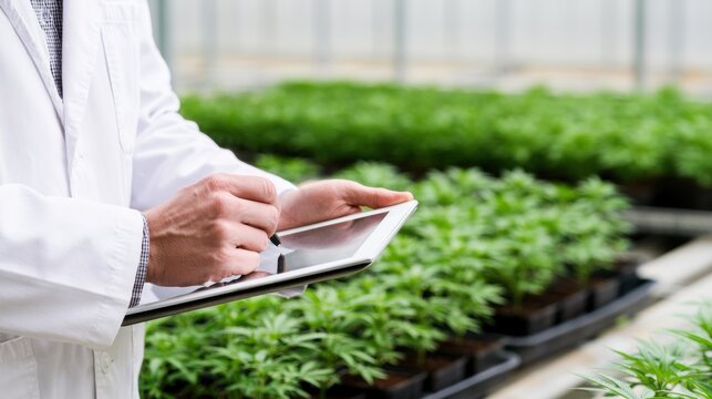 Research specialist using digital tablet to monitor young marijuana plants in greenhouse conditions. Cannabis cultivation, plant analysis and agricultural technology concept
