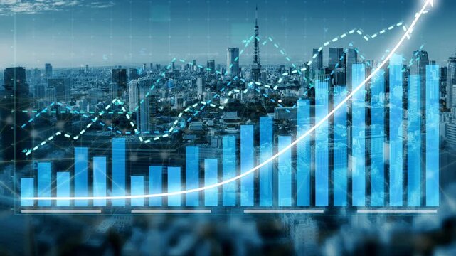 A mesmerizing view of a modern city skyline integrated with a dynamic graph, signifying financial growth and progress in urban areas and innovation. Copula