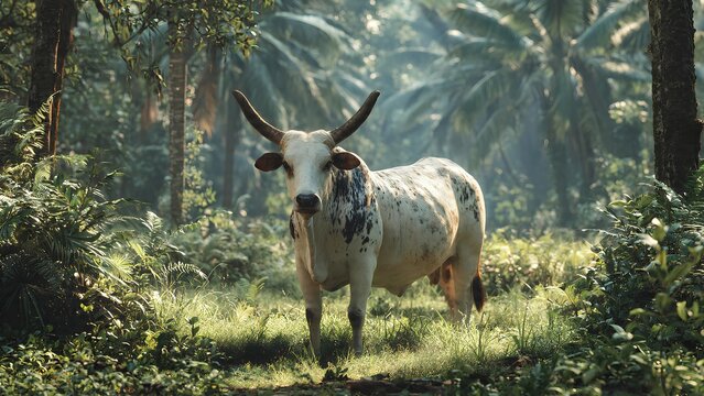 A white zebu cow with long horns stands in a sunlit tropical jungle with dense green foliage and palm trees.