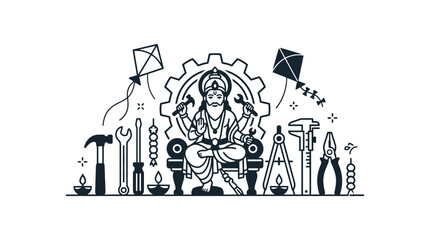 Obraz premium Lord Vishwakarma Illustration with Industrial Tools and Gear