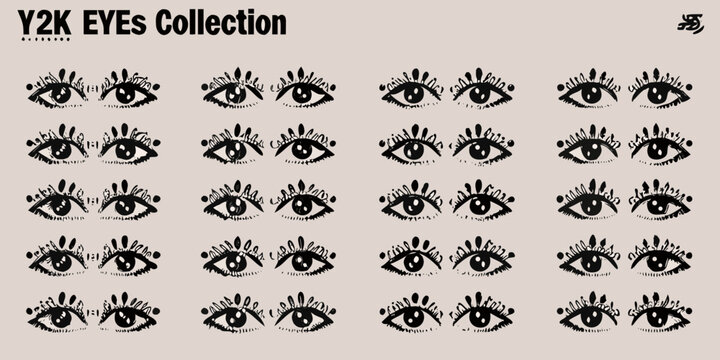 A collection of grunge style ink drawings of eyes arranged in a grid pattern eye