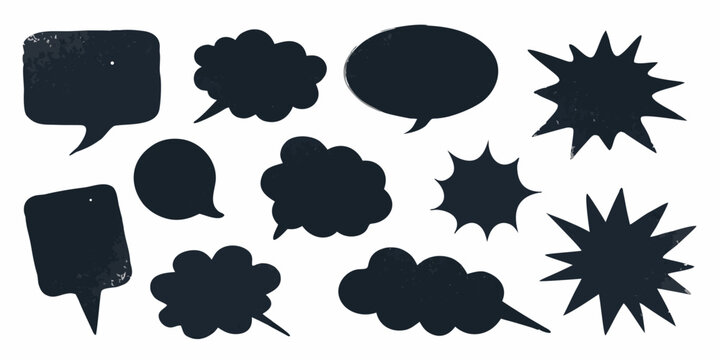 Collection Of Black Grunge Style Speech Bubble Silhouettes On A White Background thought comic bubbles