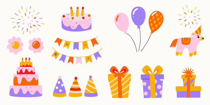 Birthday party elements illustration with cakes balloons and festive decorations in pastel colors celebration cake