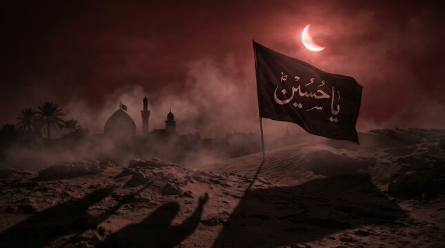 dark Islamic Muharram background featuring large Ya Hussain black flag, smoky atmosphere, red moonlight, Karbala desert, cinematic shadows, realistic textures, ultra detailed, composition variation 83