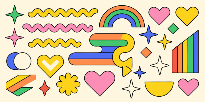 Retro Memphis Style Pattern With Rainbows Hearts Stars And Geometric Shapes eighties design rainbow arch