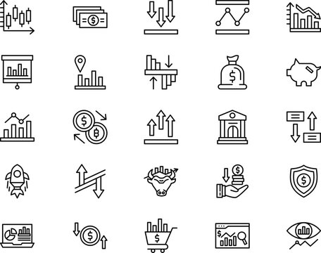 Professional stock market outline icon set presents detailed financial elements. Finance concept