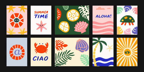 Collection of summer themed vector illustrations featuring citrus marine life and tropical foliage vacation beach © Dibyendu