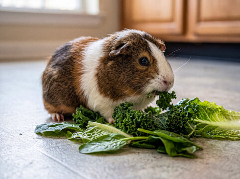 Cute brown and white guinea pig happily eating a variety of fresh green vegetables on the floor.