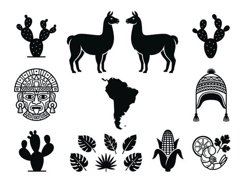 South American Cultural Vector Icon Set - Llama, Inca Mask, and Map Silhouettes
